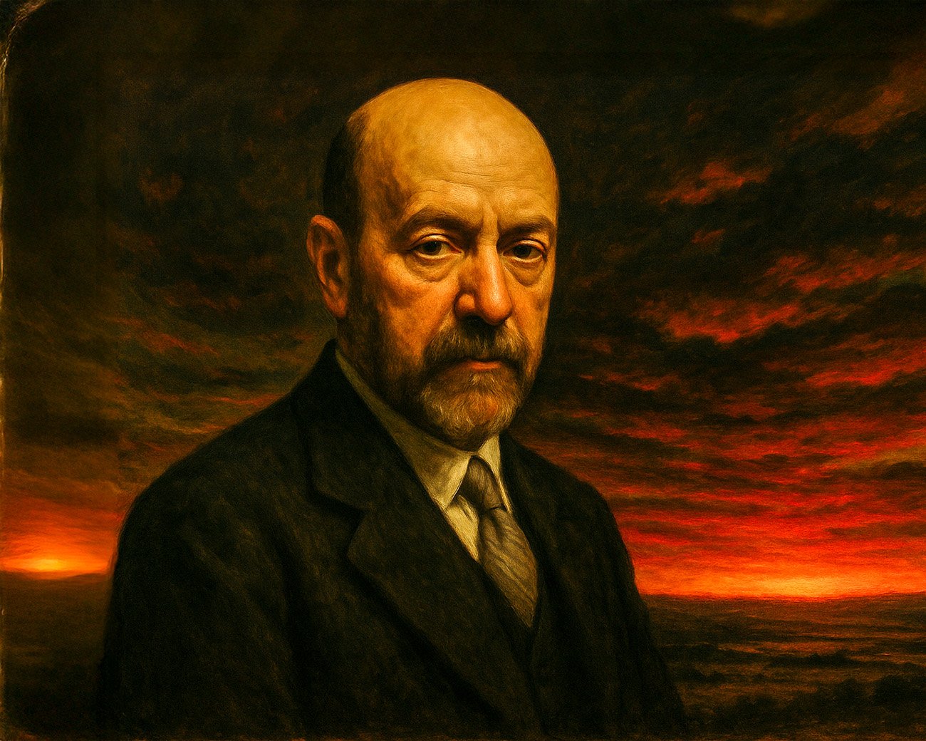 Een krachtig portret van Pío Baroja met een ernstige blik tegen een dramatische avondlucht.