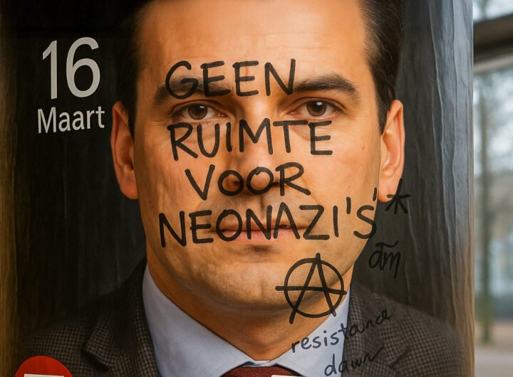 Bebrilde verkiezingsposter met zwarte tekst: geen ruimte voor neonazi’s