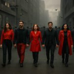 Mensen lopen hand in hand in een stedelijke omgeving terwijl anderen in zwarte kleding de andere kant op lopen.