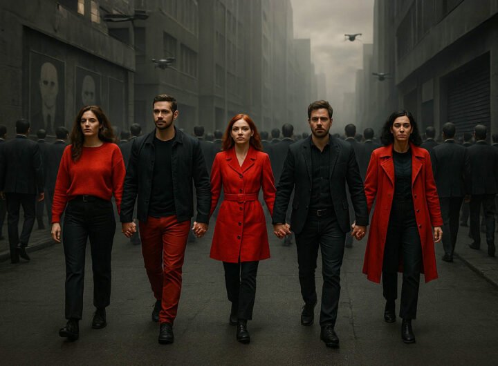Mensen lopen hand in hand in een stedelijke omgeving terwijl anderen in zwarte kleding de andere kant op lopen.