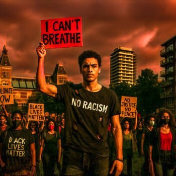 Demonstrant houdt bord omhoog met de tekst ‘I can’t breathe’ tijdens BLM-protest in Nederland, omringd door medebetogers met protestborden