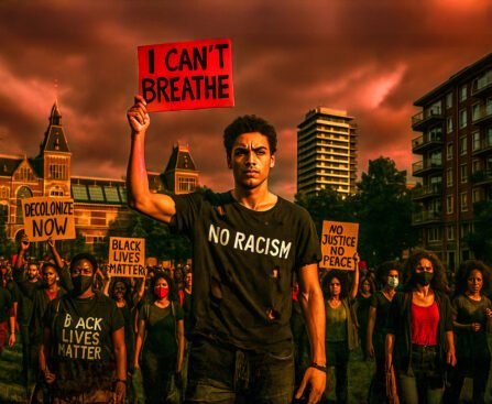 Demonstrant houdt bord omhoog met de tekst ‘I can’t breathe’ tijdens BLM-protest in Nederland, omringd door medebetogers met protestborden