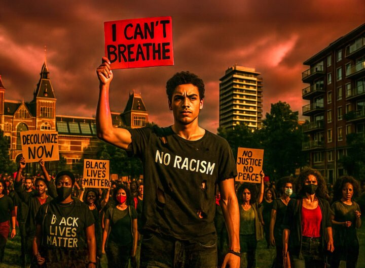 Demonstrant houdt bord omhoog met de tekst ‘I can’t breathe’ tijdens BLM-protest in Nederland, omringd door medebetogers met protestborden