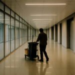 schoonmaker duwt schoonmaakkar door lege kantoorhal