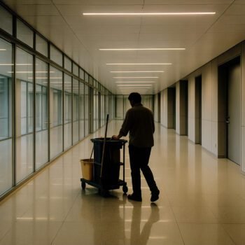 schoonmaker duwt schoonmaakkar door lege kantoorhal
