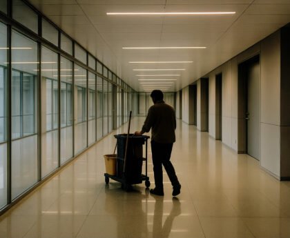schoonmaker duwt schoonmaakkar door lege kantoorhal