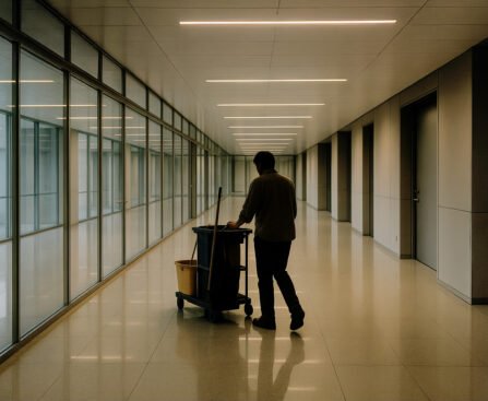 schoonmaker duwt schoonmaakkar door lege kantoorhal