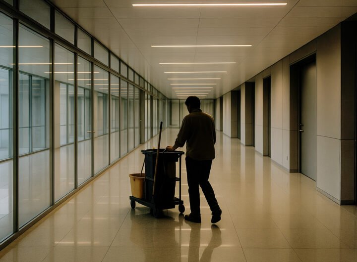 schoonmaker duwt schoonmaakkar door lege kantoorhal