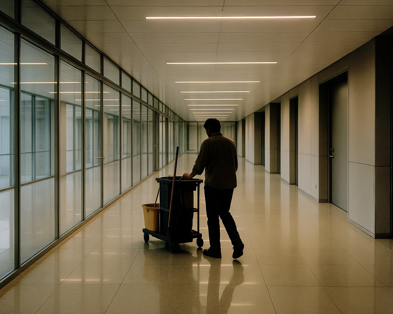 schoonmaker duwt schoonmaakkar door lege kantoorhal