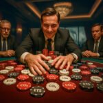 Shell vertegenwoordigd als gokker aan een casinotafel vol CO2- en ETS-fiches, symboliseert winst op klimaatverandering.