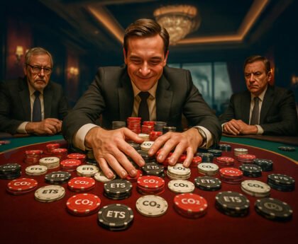 Shell vertegenwoordigd als gokker aan een casinotafel vol CO2- en ETS-fiches, symboliseert winst op klimaatverandering.