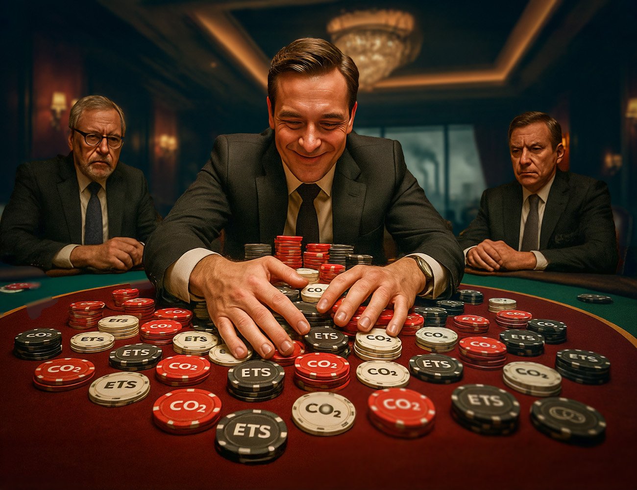 Shell vertegenwoordigd als gokker aan een casinotafel vol CO2- en ETS-fiches, symboliseert winst op klimaatverandering.
