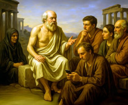 Socrates in gesprek met burgers op een klassiek marktplein bij zonsondergang