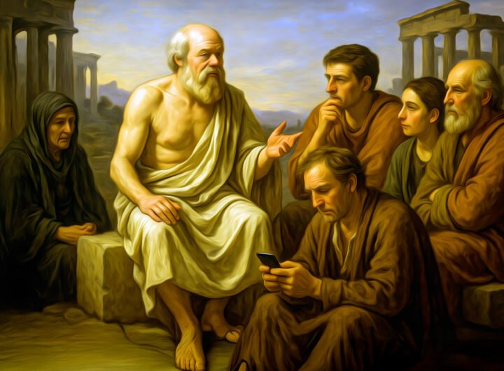 Socrates in gesprek met burgers op een klassiek marktplein bij zonsondergang