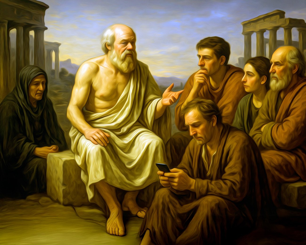 Socrates in gesprek met burgers op een klassiek marktplein bij zonsondergang