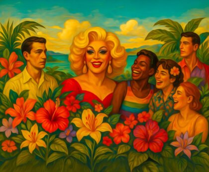 Een groep queer mensen lacht en viert samen, terwijl een man op afstand toekijkt met een ingehouden blik.