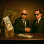 Twee zakenmannen met zonnebrillen schudden handen voor een scheef schilderij van het Capitool, met een glas gevuld met dollarbiljetten op een bureau — symbool voor belangenverstrengeling tussen geld en politiek.