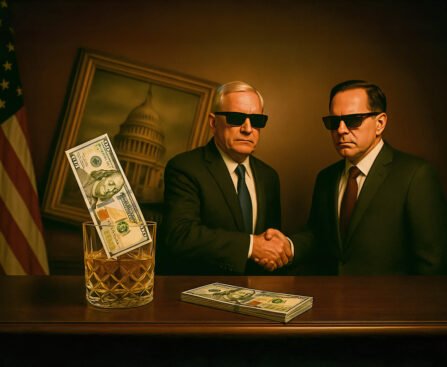 Twee zakenmannen met zonnebrillen schudden handen voor een scheef schilderij van het Capitool, met een glas gevuld met dollarbiljetten op een bureau — symbool voor belangenverstrengeling tussen geld en politiek.