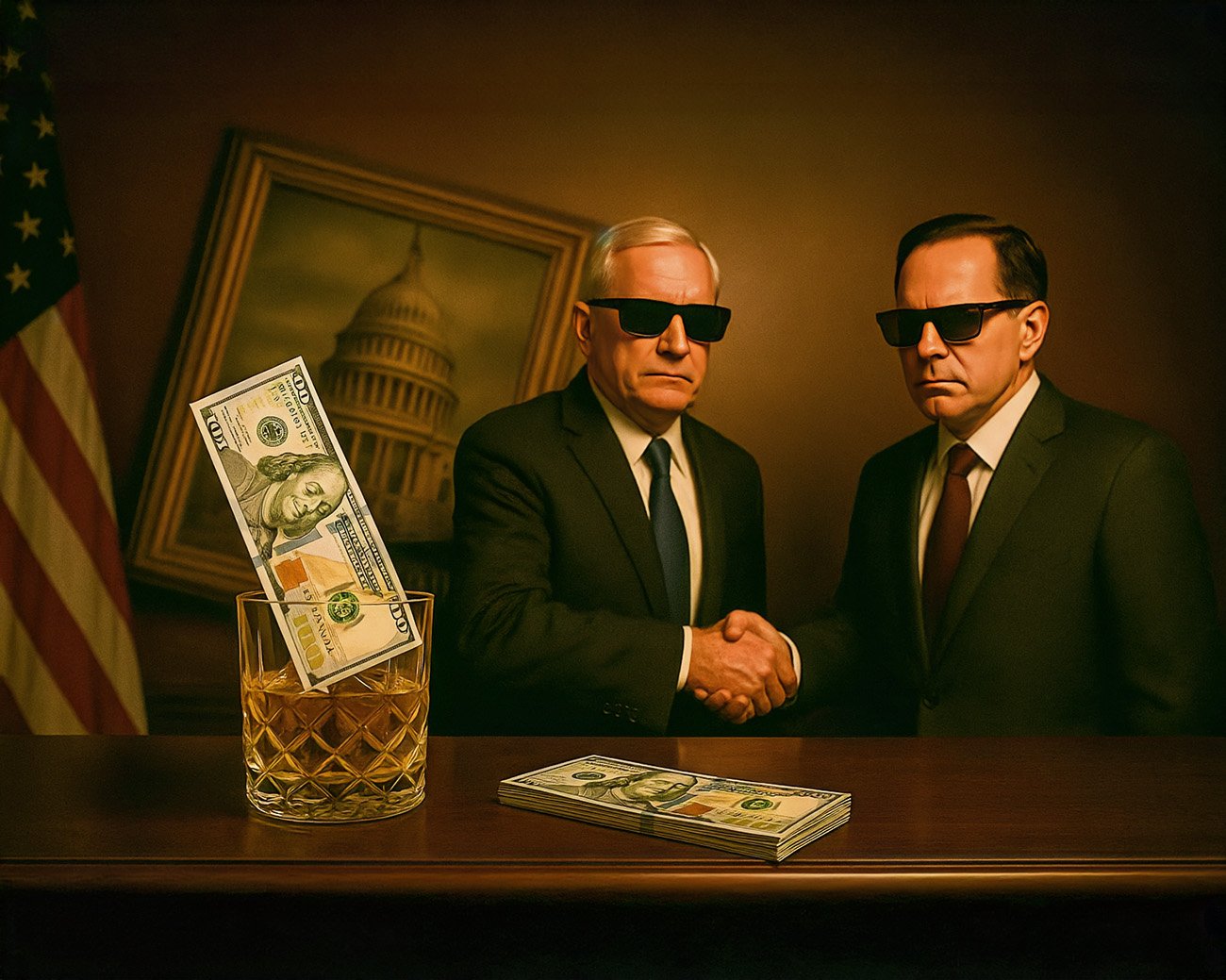 Twee zakenmannen met zonnebrillen schudden handen voor een scheef schilderij van het Capitool, met een glas gevuld met dollarbiljetten op een bureau — symbool voor belangenverstrengeling tussen geld en politiek.