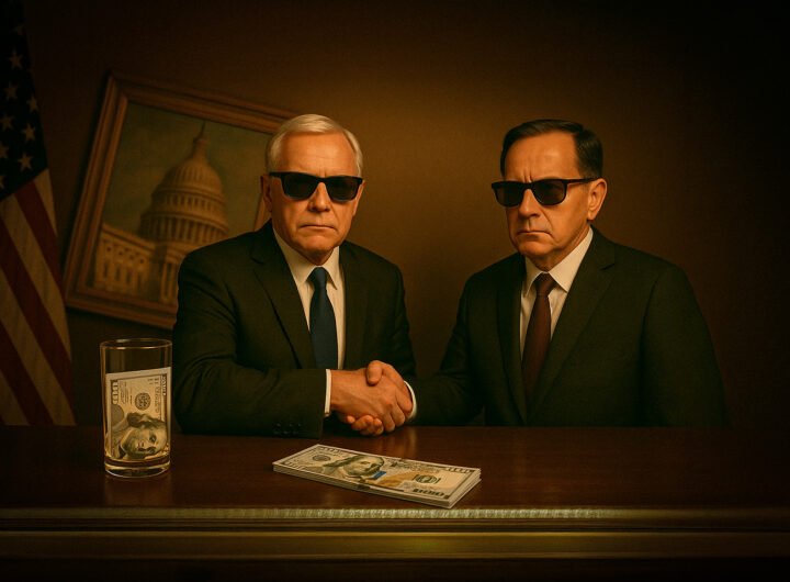 Twee mannen in pak schudden elkaar de hand met dollarbiljetten op tafel, voor een scheef schilderij van het Capitool