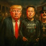 Karikatuur van Donald Trump, Elon Musk en een muzikant in zwart leer in een onheilspellende menigte, met rode en donkere tinten.