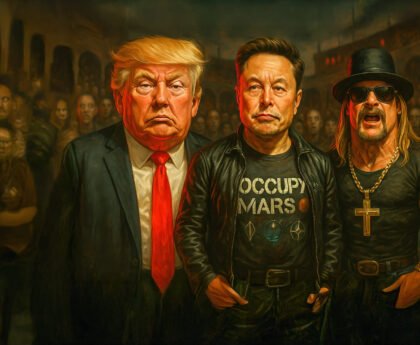 Karikatuur van Donald Trump, Elon Musk en een muzikant in zwart leer in een onheilspellende menigte, met rode en donkere tinten.