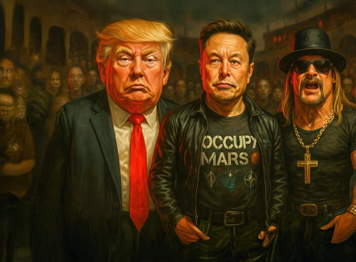 Karikatuur van Donald Trump, Elon Musk en een muzikant in zwart leer in een onheilspellende menigte, met rode en donkere tinten.