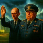 Twee autoritaire leiders poseren voor een klassiek overheidsgebouw, een verbeelding van macht, nationalisme en politieke controle.