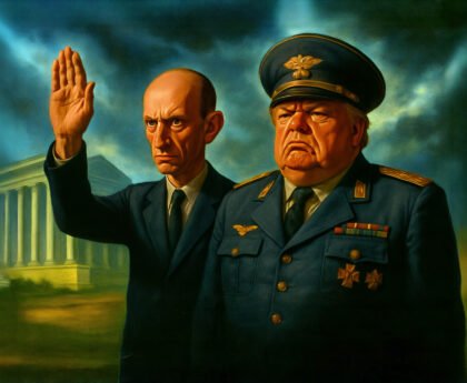 Twee autoritaire leiders poseren voor een klassiek overheidsgebouw, een verbeelding van macht, nationalisme en politieke controle.