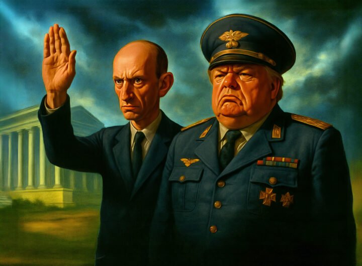 Twee autoritaire leiders poseren voor een klassiek overheidsgebouw, een verbeelding van macht, nationalisme en politieke controle.