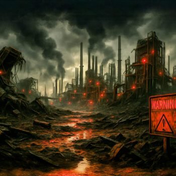 Vervuilde industriële zone met rook en rode waarschuwingslichten als symbool voor falend klimaatbeleid VVD