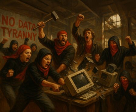Activisten slaan oude computers kapot als protest tegen datakapitalisme.