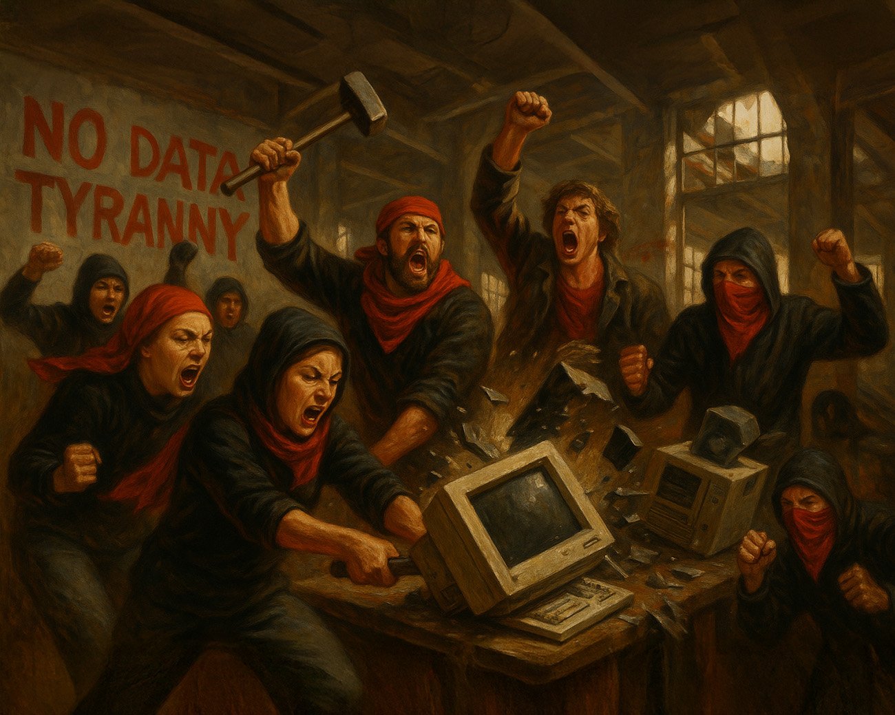 Activisten slaan oude computers kapot als protest tegen datakapitalisme.