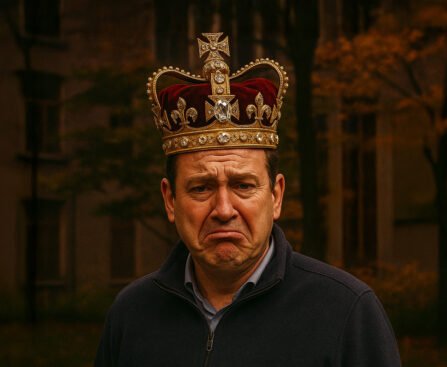 Lodewijk Asscher met een kroon op zijn hoofd en een bezorgde blik
