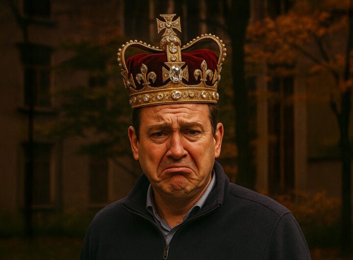 Lodewijk Asscher met een kroon op zijn hoofd en een bezorgde blik