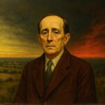 Een portret van Azorín, in een donker kostuum met een ernstige blik, staand voor een weids Spaans landschap bij zonsondergang.