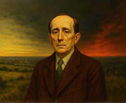 Een portret van Azorín, in een donker kostuum met een ernstige blik, staand voor een weids Spaans landschap bij zonsondergang.