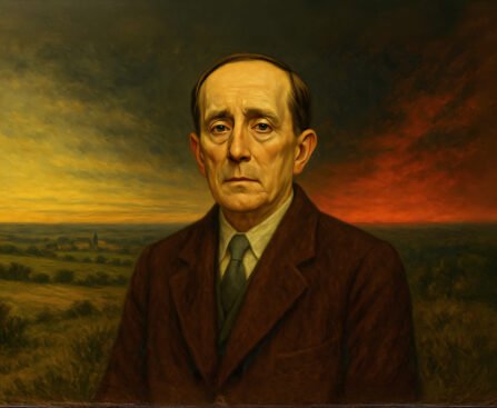 Een portret van Azorín, in een donker kostuum met een ernstige blik, staand voor een weids Spaans landschap bij zonsondergang.