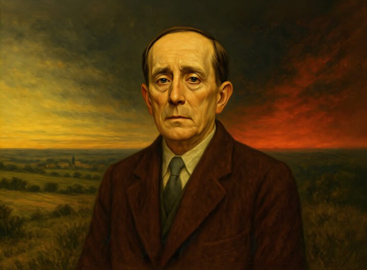 Een portret van Azorín, in een donker kostuum met een ernstige blik, staand voor een weids Spaans landschap bij zonsondergang.