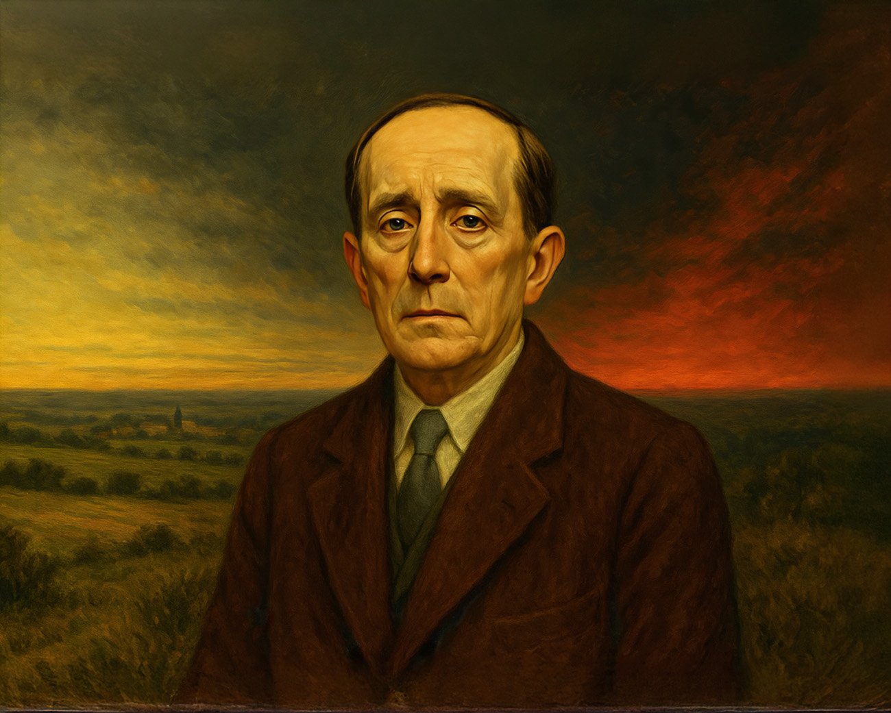 Een portret van Azorín, in een donker kostuum met een ernstige blik, staand voor een weids Spaans landschap bij zonsondergang.