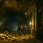 Twee jonge mannen rennen weg na een explosie in een gang van het paleis van Versailles, omringd door puin en beschadigde beelden