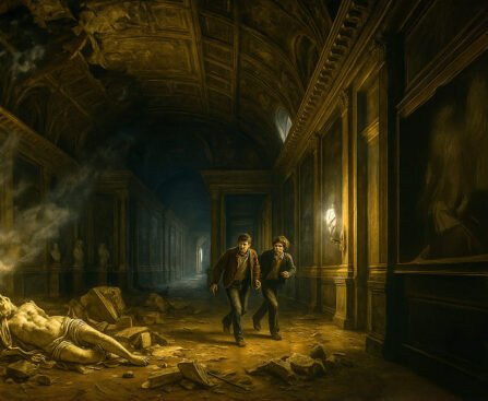 Twee jonge mannen rennen weg na een explosie in een gang van het paleis van Versailles, omringd door puin en beschadigde beelden
