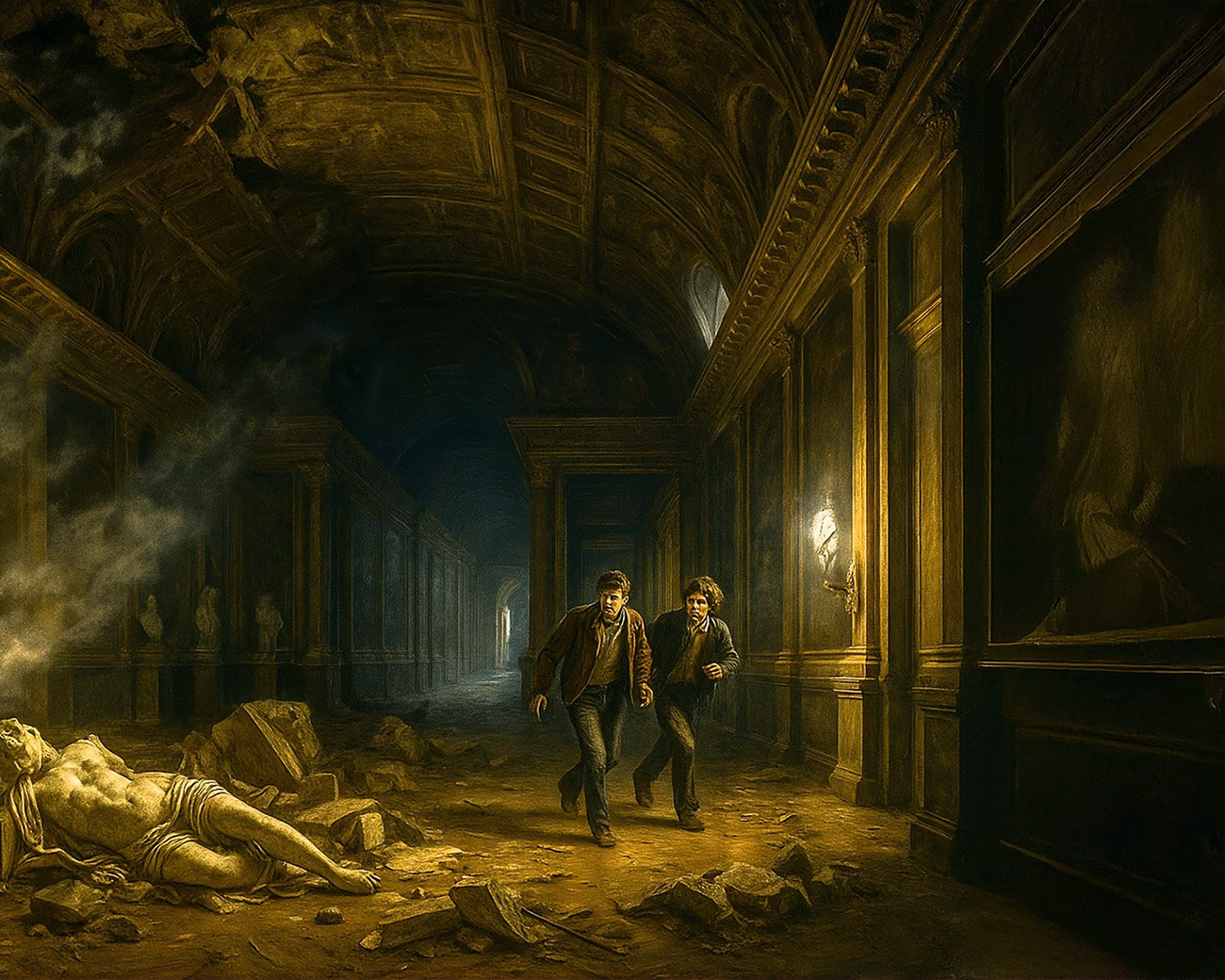 Twee jonge mannen rennen weg na een explosie in een gang van het paleis van Versailles, omringd door puin en beschadigde beelden
