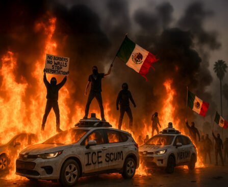 Protest tegen ICE in Los Angeles met brandende zelfrijdende taxi’s en demonstranten met Mexicaanse vlaggen