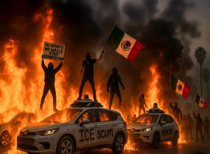 Protest tegen ICE in Los Angeles met brandende zelfrijdende taxi’s en demonstranten met Mexicaanse vlaggen