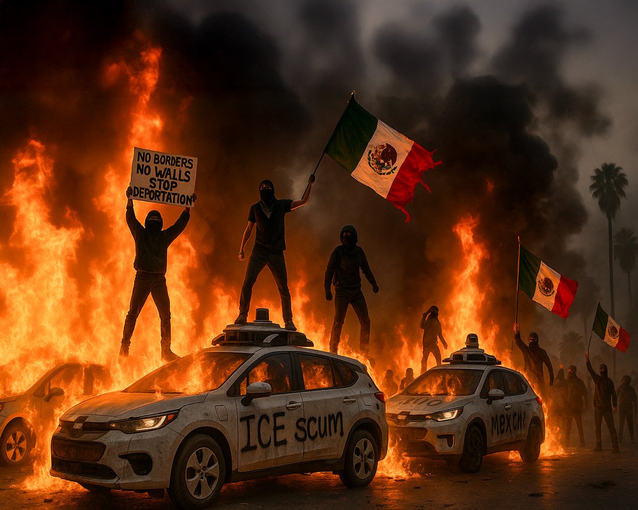 Protest tegen ICE in Los Angeles met brandende zelfrijdende taxi’s en demonstranten met Mexicaanse vlaggen
