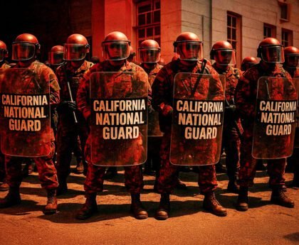 California National Guard soldaten met schilden en helmen tijdens protesten in Los Angeles.