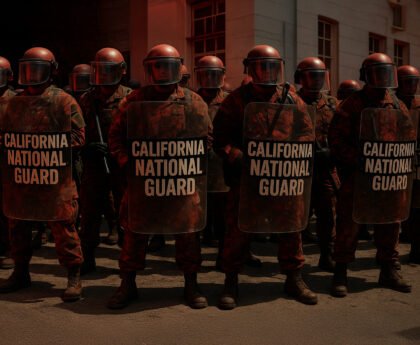 California National Guard soldaten met schilden en helmen tijdens protesten in Los Angeles.