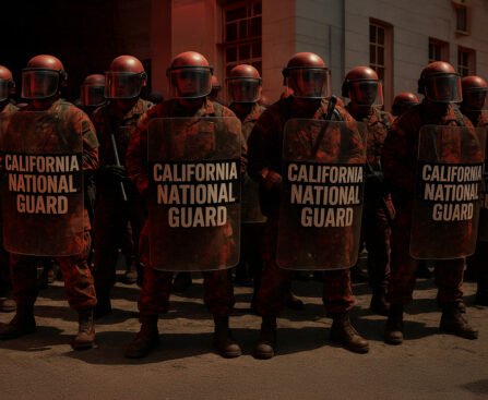 California National Guard soldaten met schilden en helmen tijdens protesten in Los Angeles.