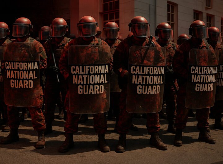 California National Guard soldaten met schilden en helmen tijdens protesten in Los Angeles.